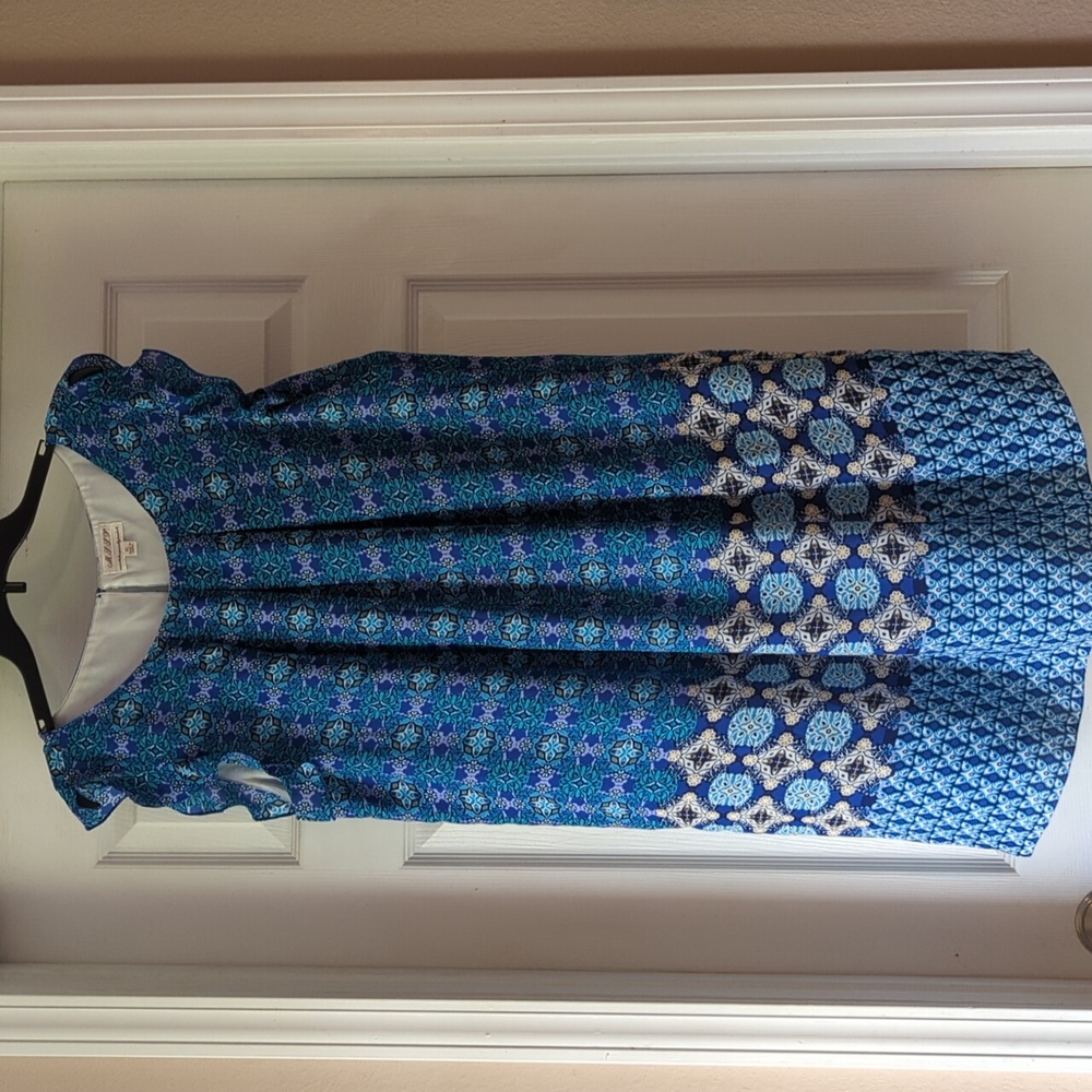 MSSP Max Studio Blue Geometric Tile Print Ruffle Sleeve Shift Dress XL 615